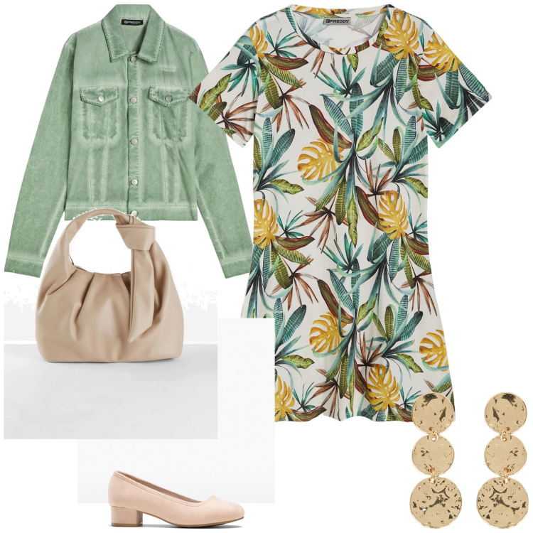 Outfit donna - Decisamente primavera. Stile Glamour per Tutti i giorni. Abbinamento con décolleté, borse a mano, blazer, vestiti, orecchini.