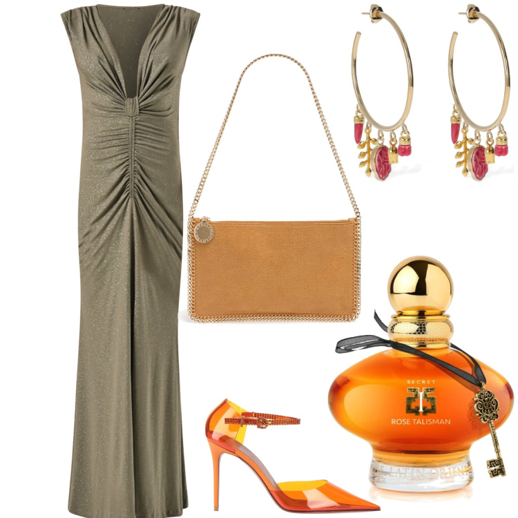 Outfit donna - Abito verde il resto arancione. Stile Chic per Serata fuori. Abbinamento con décolleté, profumi, vestiti lunghi, orecchini, pochette.