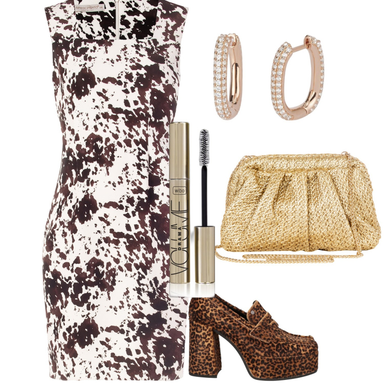 Outfit donna - Tubino per ristorante. Stile Glamour per Serata fuori. Abbinamento con mocassini, mascara, orecchini, clutch, vestiti a tubino.