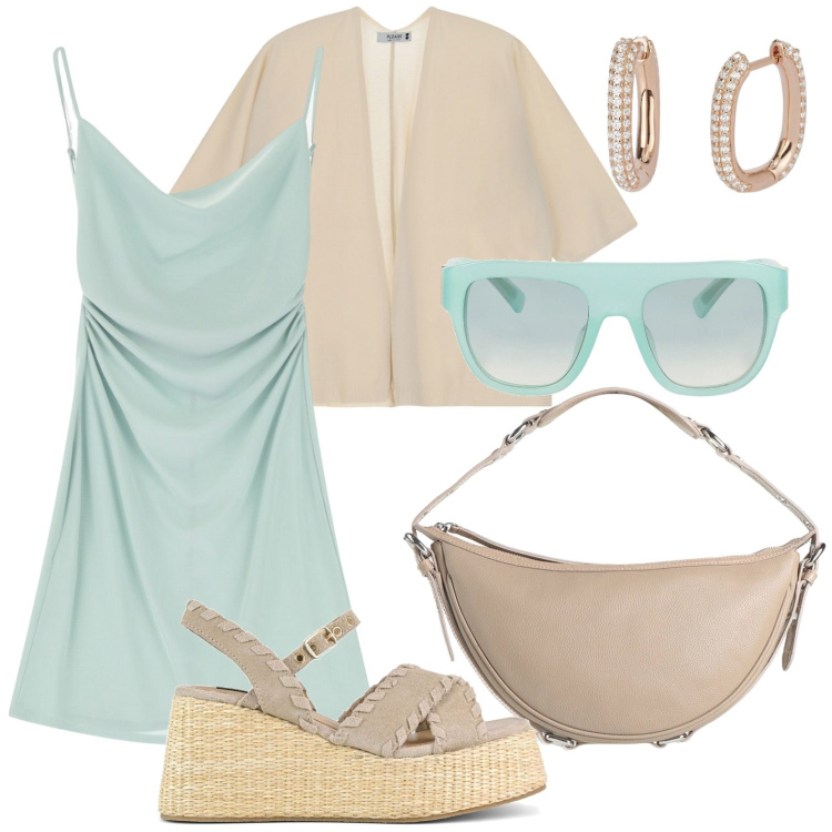 Outfit donna - Romantica chic. Stile Glamour per Tutti i giorni. Abbinamento con occhiali da sole, borse a mano, orecchini, vestiti corti, cardigans, zeppe.