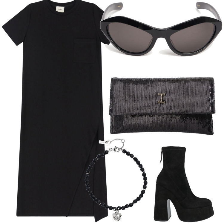 Outfit donna - Total look. Stile Urban per Ufficio. Abbinamento con stivaletti, braccialetti, borse a tracolla, vestiti midi/longuette, occhiali da sole.