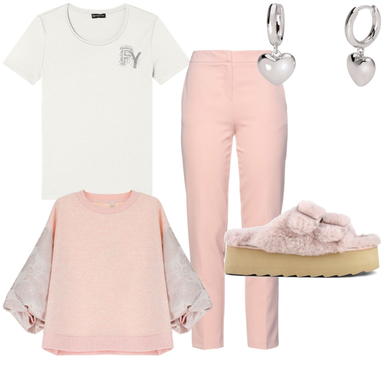Outfit donna - Heart at home. Stile Romantica per Tutti i giorni. Abbinamento con pantaloni, orecchini, felpe, t-shirt, sandali.