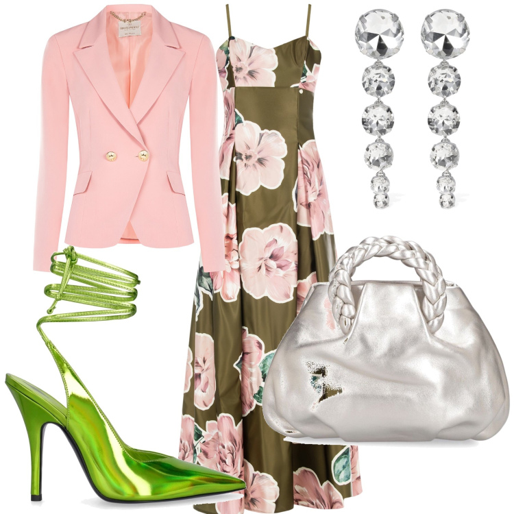 Outfit donna - Vestito bonton accessori wow. Stile Glamour per Cerimonia. Abbinamento con vestiti lunghi, blazer, orecchini, borse a mano, décolleté.