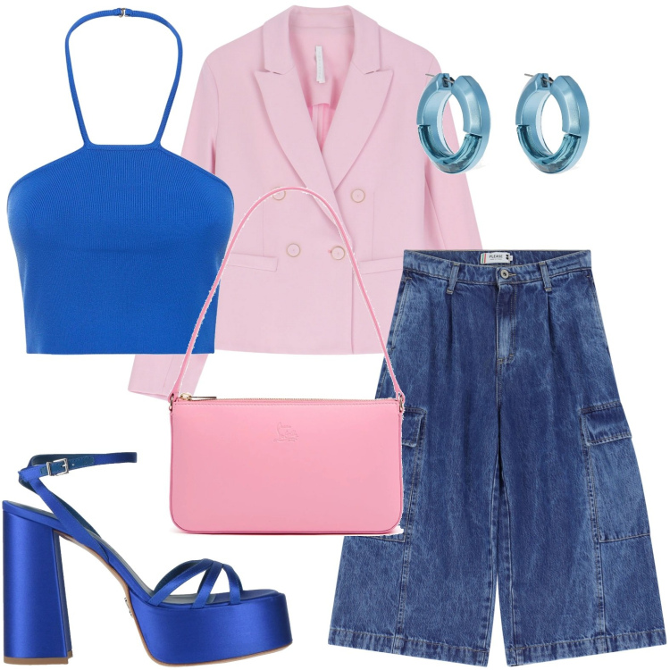 Outfit donna - Primavera vivace. Stile Chic per Ufficio. Abbinamento con sandali in pelle, bermuda, blazer, borse a spalla, orecchini, top.