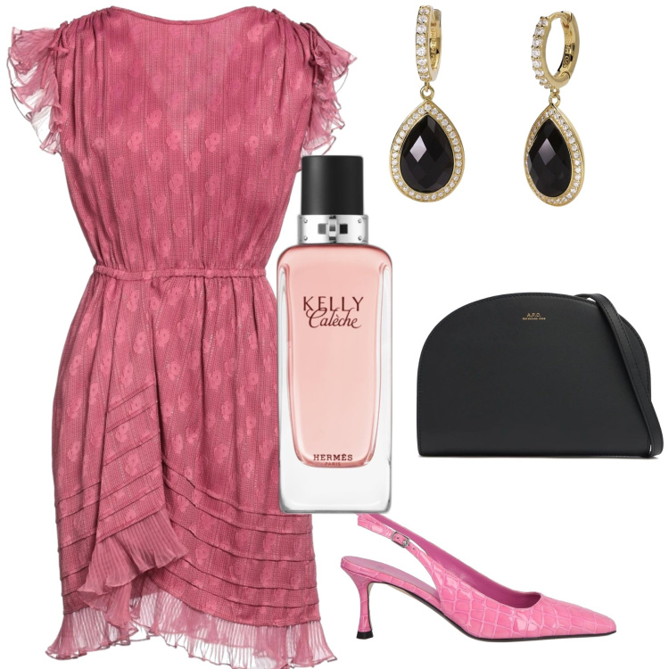 Outfit donna - Kelly. Stile Glamour per Cerimonia. Abbinamento con décolleté, vestiti corti, profumi, orecchini, clutch.