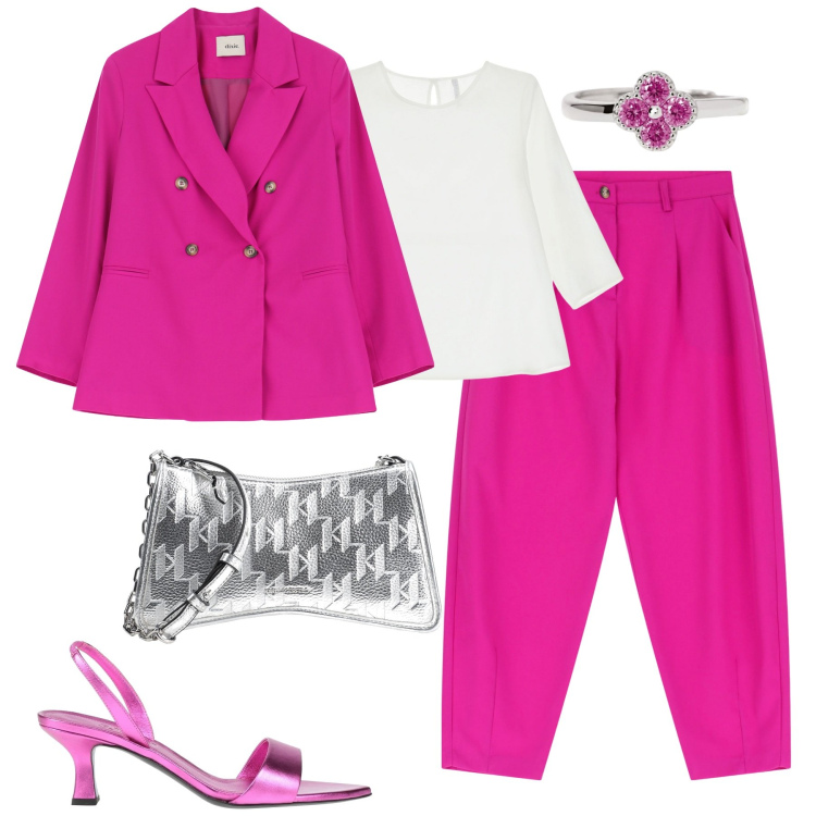 Outfit donna - Colori accesi. Stile Glamour per Tutti i giorni. Abbinamento con sandali in pelle, borse a tracolla, anelli, bluse, blazer, pantaloni.