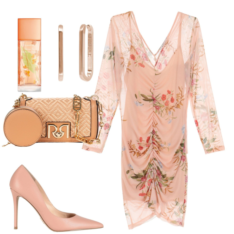 Outfit donna - Trasparenze. Stile Glamour per Serata fuori. Abbinamento con décolleté, profumi, orecchini, borse a tracolla, vestiti corti.