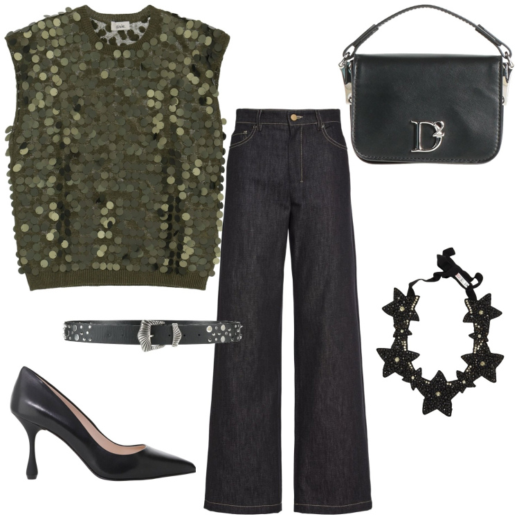 Outfit donna - Total look #2089570. Stile Glamour per Serata fuori. Abbinamento con collane, borse a mano, cinture, décolleté, top, jeans.