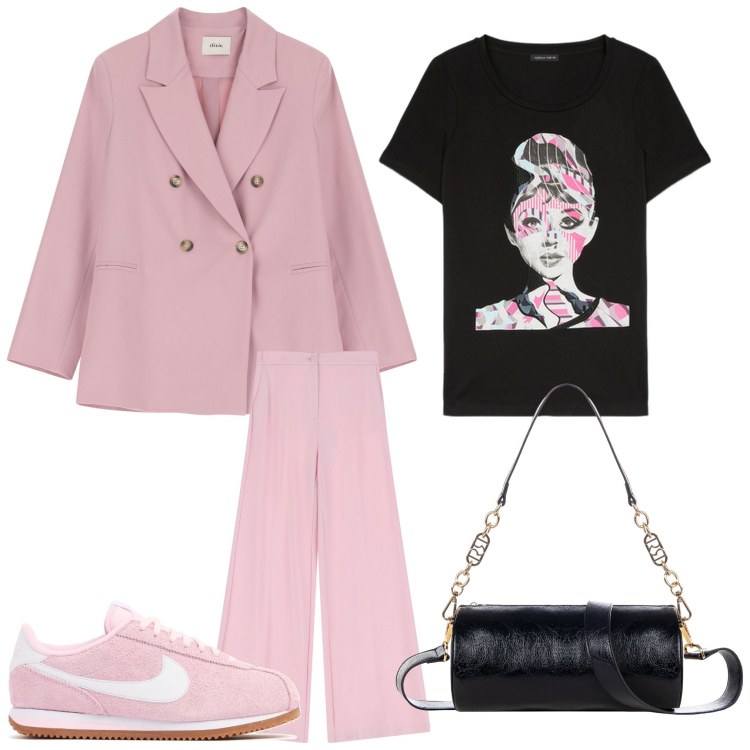 Outfit donna - Sporty chic da sera. Stile Sporty chic per Serata fuori. Abbinamento con borse a mano, pantaloni, blazer, t-shirt, sneakers.