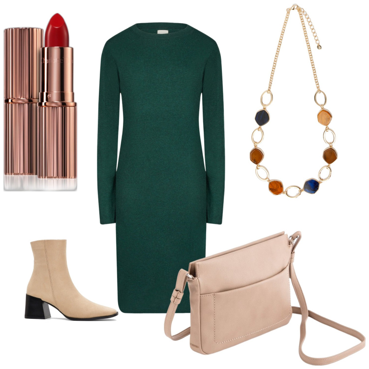 Outfit donna - Un bel vestito. Stile Casual chic per Serata fuori. Abbinamento con stivaletti, rossetti, vestiti midi/longuette, collane, borse a tracolla.