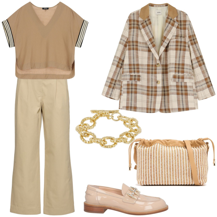 Outfit donna - Giornata a lavoro. Stile Sporty chic per Tutti i giorni. Abbinamento con mocassini, blazer, t-shirt, pantaloni, braccialetti, pochette.