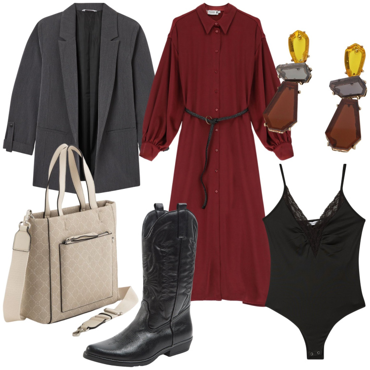 Outfit donna - Total look. Stile Urban per Ufficio. Abbinamento con body, blazer, stivali, vestiti lunghi, orecchini, borse a mano.