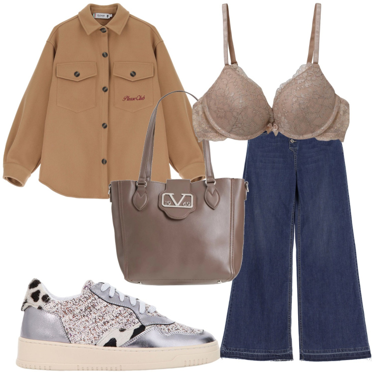 Outfit donna - Serata offduty. Stile Sporty chic per Tutti i giorni. Abbinamento con borse a mano, reggiseni push-up, jeans, cappotti, sneakers.