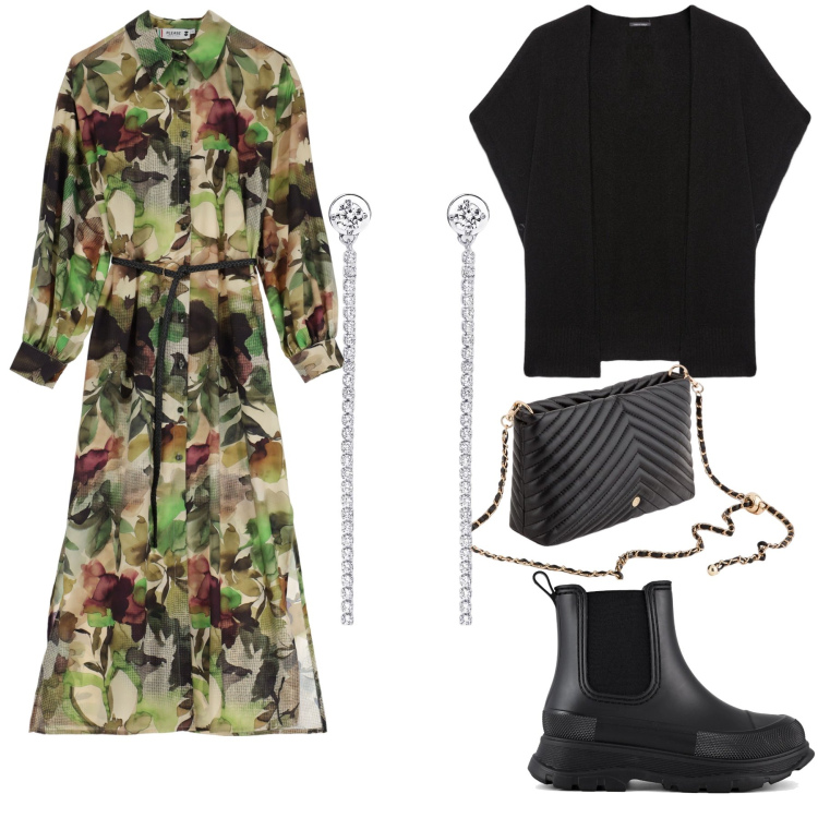 Outfit donna - Mystic elegance: il fascino delle cappe. Stile Casual chic per Tutti i giorni. Abbinamento con orecchini, vestiti lunghi, stivali, cappe, borse a tracolla.
