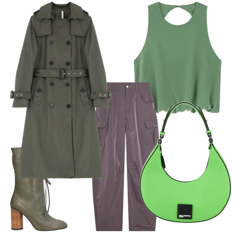 Outfit donna - Centro della mia città. Stile Urban per Tutti i giorni. Abbinamento con stivaletti, borse a mano, trench, top, pantaloni cargo.