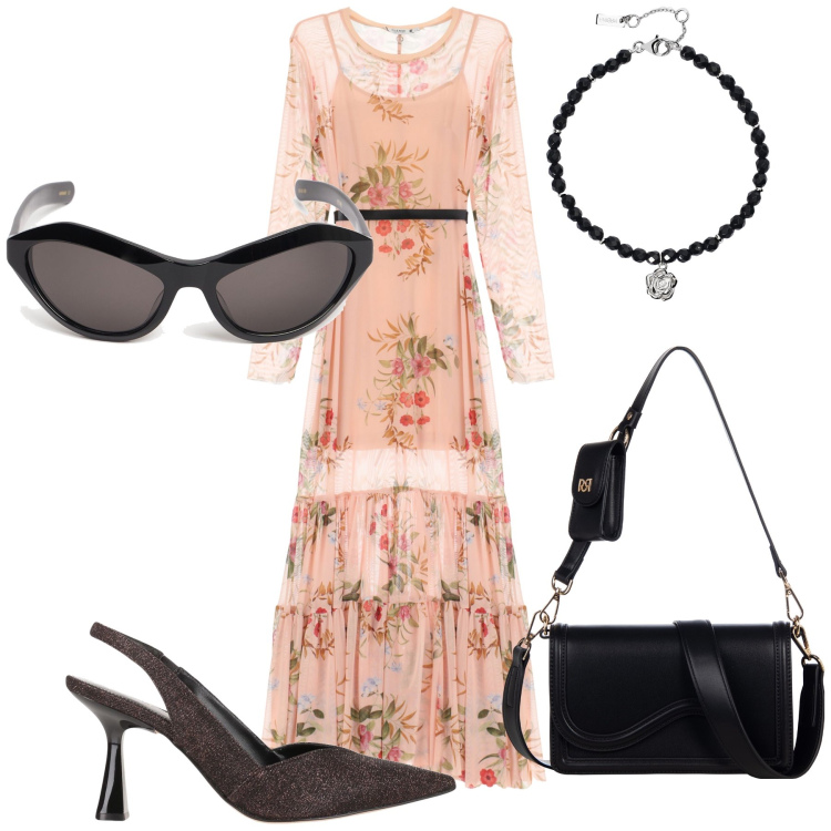 Outfit donna - Bucolica con grinta. Stile Glamour per Cerimonia. Abbinamento con décolleté, braccialetti, vestiti lunghi, pochette, occhiali da sole.