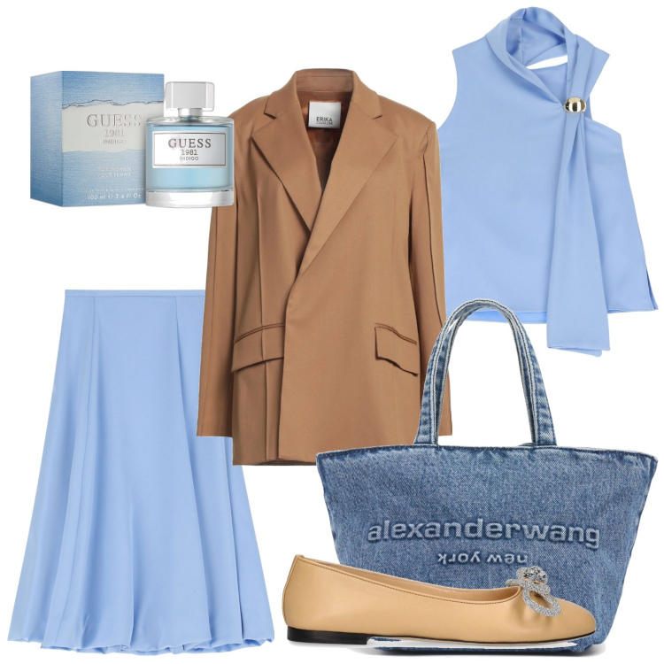 Outfit donna - Gonna azzurro polvere. Stile Minimal per Ufficio. Abbinamento con blazer, profumi, gonne longuette, top, ballerine, borse a tracolla.