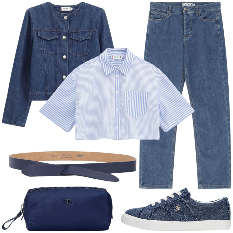 Outfit donna - Please - Ispirazione Saint-Tropez SS25. Stile Casual per Tutti i giorni. Abbinamento con jeans dritti, camicie, blazer, cinture, sneakers, pochette.