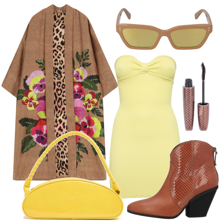 Outfit donna - Trench con stampa. Stile Glamour per Tutti i giorni. Abbinamento con stivaletti texani, mascara, trench, vestiti, occhiali da sole, borse a spalla.