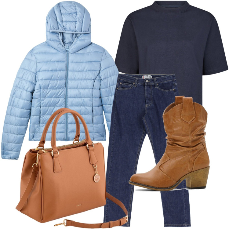 Outfit donna - Stile cowgirl. Stile Minimal per Tutti i giorni. Abbinamento con stivaletti texani, piumini, jeans dritti, t-shirt, borse a mano.