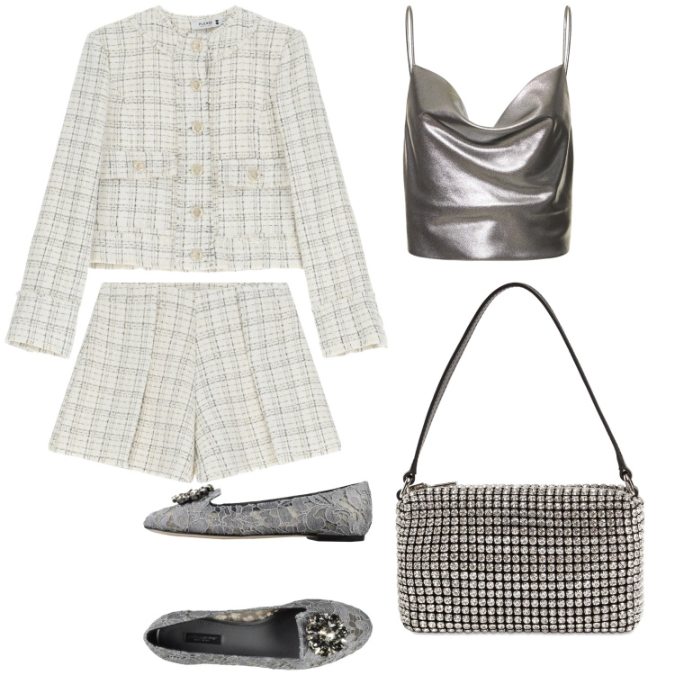 Outfit donna - Total look. Stile Chic per Serata fuori. Abbinamento con mocassini, shorts, blazer, borse a mano, top.