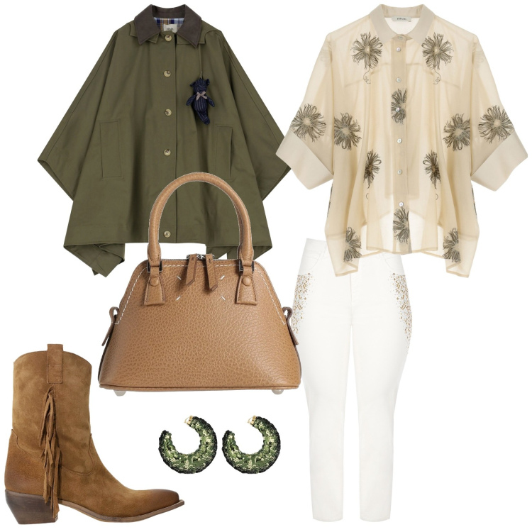 Outfit donna - Preparando per Pasqua. per Tutti i giorni. Abbinamento con borse a mano, trench, camicie, stivali, jeans dritti, orecchini.