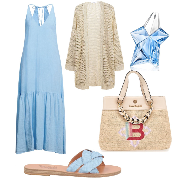 Outfit donna - Primavera passeggiata in spiaggia. Stile Mannish per Tutti i giorni. Abbinamento con sandali in pelle, vestiti lunghi, profumi, kimono, borse a mano.