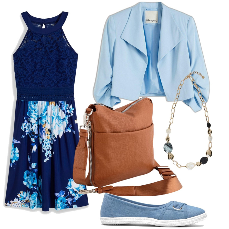 Outfit donna - L\'abito floreale. Stile Glamour per Tutti i giorni. Abbinamento con ballerine, vestiti, bolero, collane, borse a tracolla.