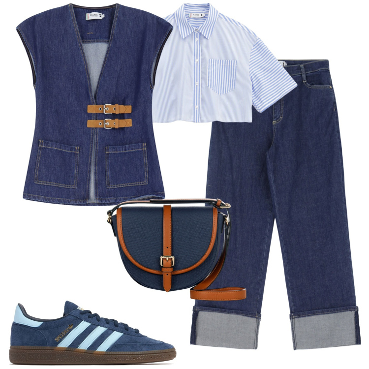 Outfit donna - City. Stile Casual per Tutti i giorni. Abbinamento con borse a tracolla, camicie, jeans, gilet, sneakers.