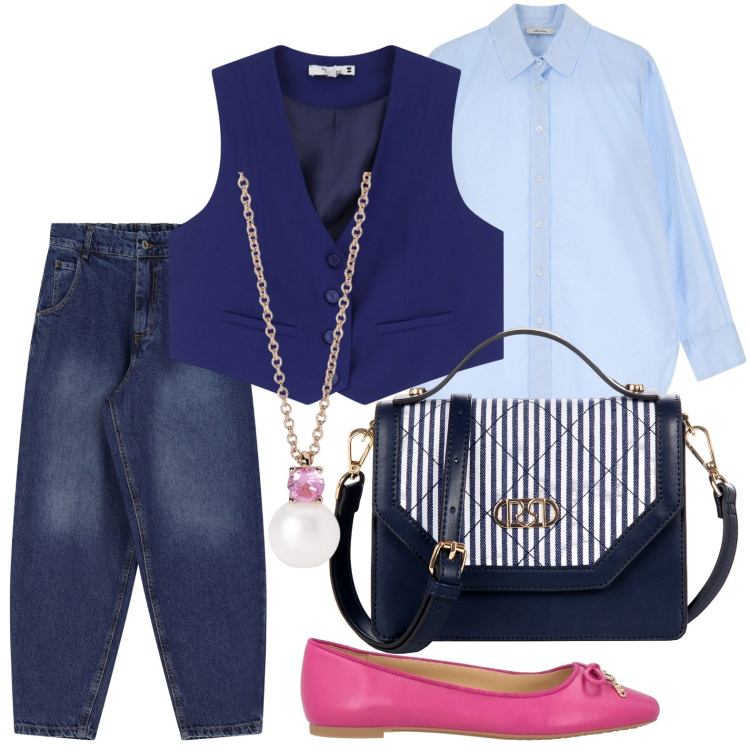 Outfit donna - Gilet trendy. Stile Casual per Tutti i giorni. Abbinamento con ballerine, collane, borse a mano, gilet, camicie, jeans.