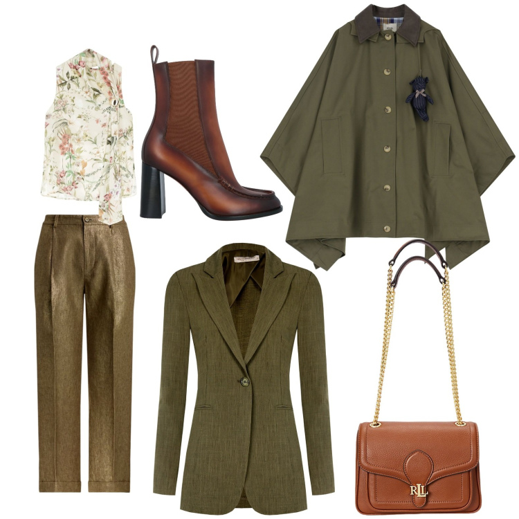 Outfit donna - Green passion. Stile Casual chic per Ufficio. Abbinamento con stivaletti chelsea, blazer, top, trench, borse a spalla, pantaloni.