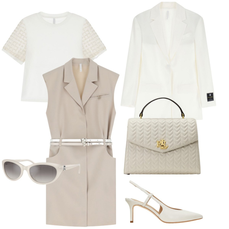 Outfit donna - Elegantemente in ufficio. Stile Chic per Ufficio. Abbinamento con vestiti corti, t-shirt, blazer, occhiali da sole, décolleté, borse a mano.