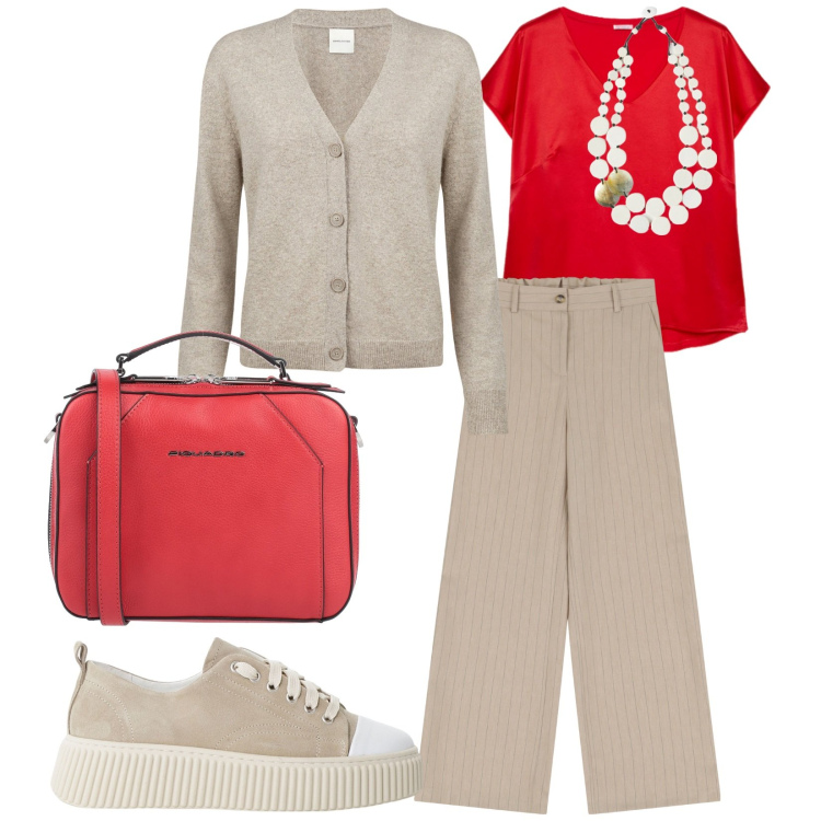 Outfit donna - A scuola. per Scuola/Università. Abbinamento con borse a tracolla, sneakers, pantaloni a palazzo, t-shirt, cardigans, ciondoli.