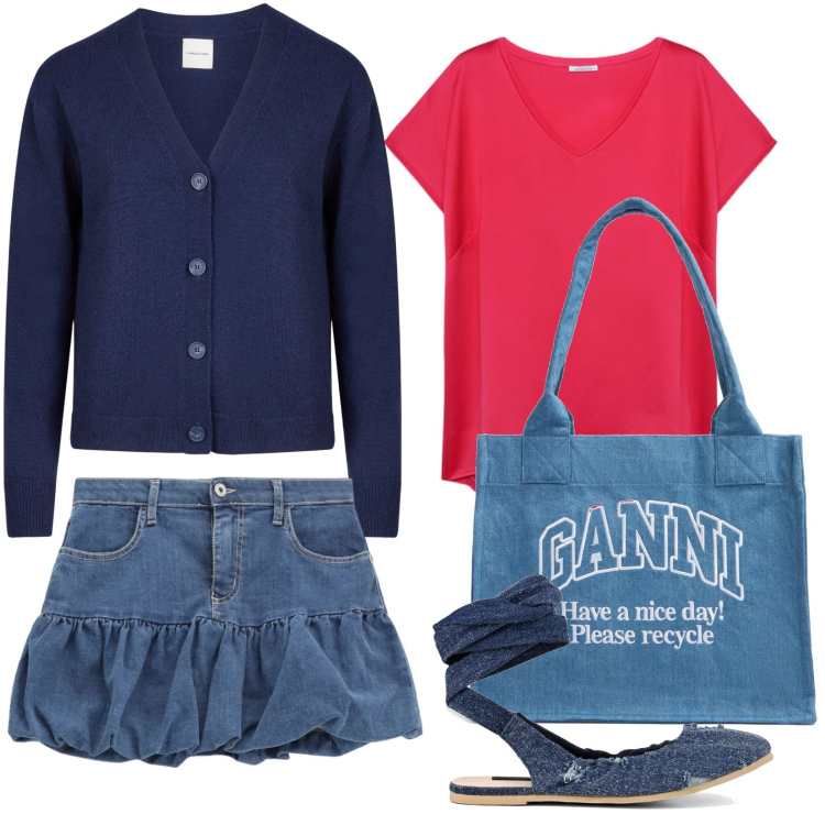 Outfit donna - Emozione denim. Stile Casual per Tutti i giorni. Abbinamento con minigonne, ballerine, cardigans, shopping bag, t-shirt.