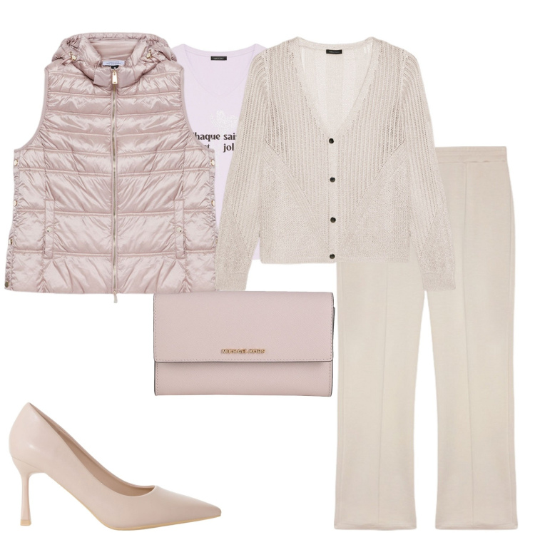 Outfit donna - City. Stile Urban per Tutti i giorni. Abbinamento con borse a mano, décolleté, cardigans, pantaloni, t-shirt, piumini.