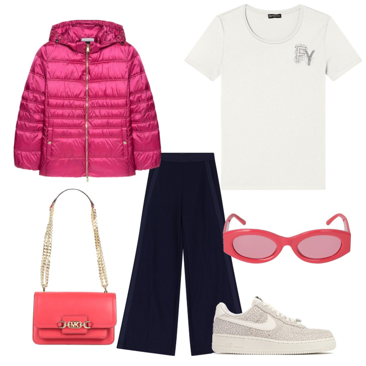 Outfit donna - Total look #2089640. Abbinamento con borse a spalla, pantaloni a palazzo, t-shirt, occhiali da sole, piumini, sneakers.