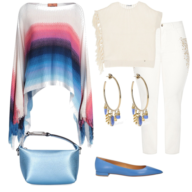 Outfit donna - Arcobaleno indosso. Stile Chic per Tutti i giorni. Abbinamento con ballerine, cappotti, jeans dritti, maglieria, borse a mano, orecchini.