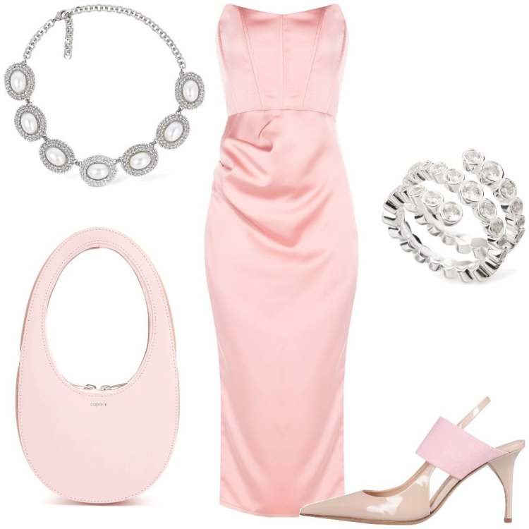 Outfit donna - Cerimonia elegante. Stile Glamour per Cerimonia. Abbinamento con décolleté, vestiti midi/longuette, collane, anelli, borse a mano.