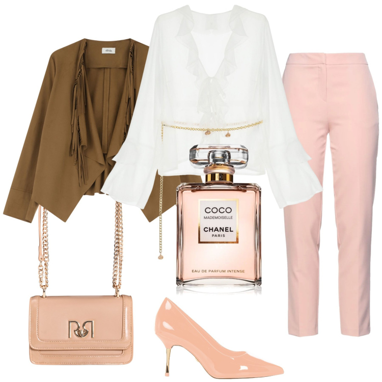 Outfit donna - Parfum coco mademoiselle. Stile Chic per Serata fuori. Abbinamento con pantaloni, profumi, décolleté, borse a tracolla, bluse, blazer.
