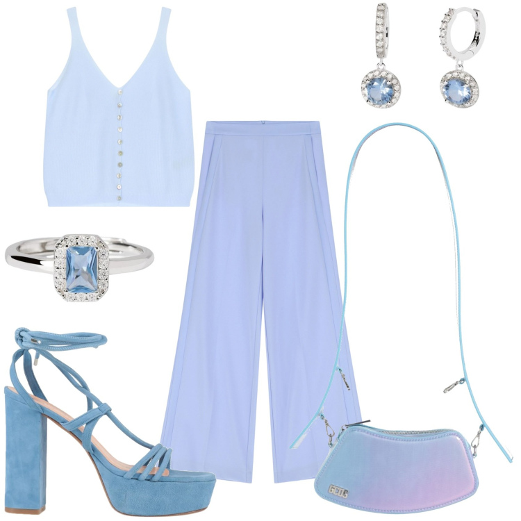 Outfit donna - Il mio colore preferito. Stile Glamour per Tutti i giorni. Abbinamento con sandali in pelle, borse a spalla, orecchini, anelli, pantaloni a palazzo, top.