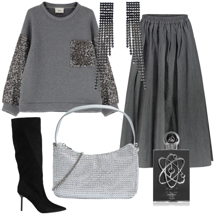 Outfit donna - Maglia da sera. Stile Chic per Serata fuori. Abbinamento con stivali, profumi, borse a tracolla, felpe, orecchini, gonne.