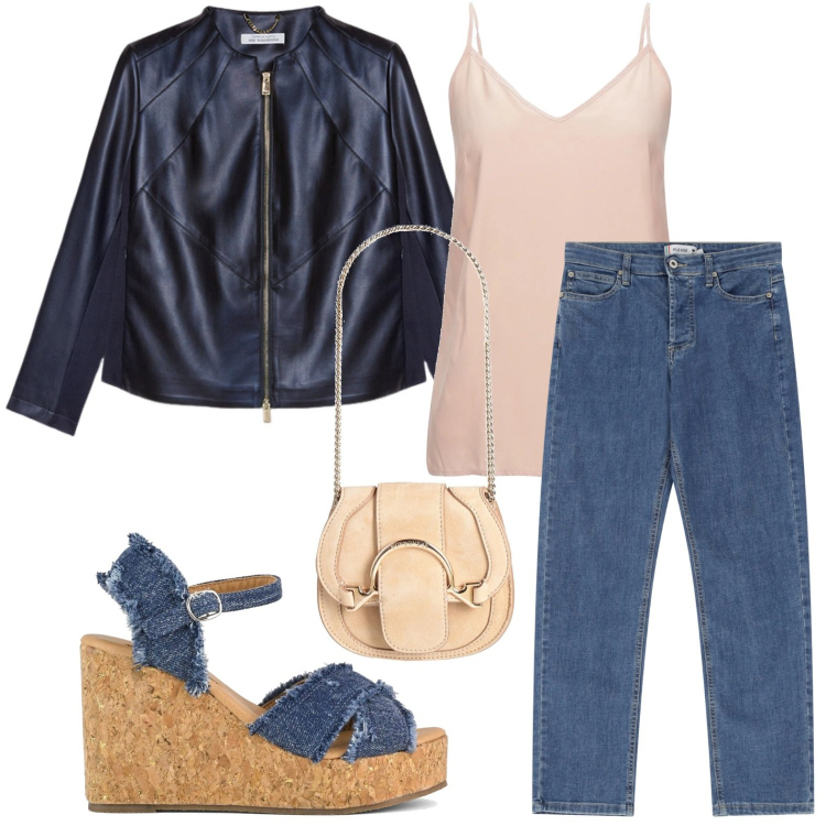 Outfit donna - La giacca biker senza tempo. Stile Romantica per Tutti i giorni. Abbinamento con top, marsupi, jeans dritti, zeppe, blazer.
