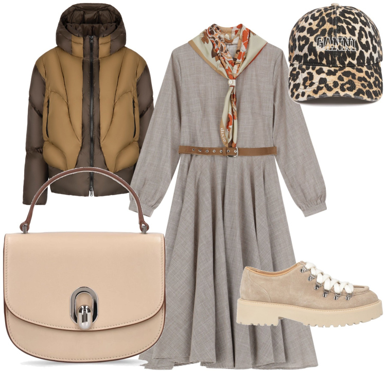 Outfit donna - Total look. Stile Trendy per Tutti i giorni. Abbinamento con scarpe stringate, vestiti midi/longuette, piumini, cappelli, borse a mano.