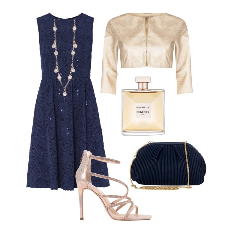 Outfit donna - Cerimonia scintillante di sera. Stile Chic per Cerimonia. Abbinamento con vestiti, sandali col tacco, profumi, collane, bolero, pochette.