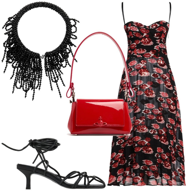 Outfit donna - Sexy girl. Stile Sexy per Serata fuori. Abbinamento con sandali col tacco, vestiti midi/longuette, borse a spalla, collane.