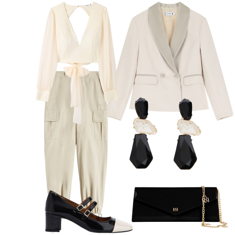 Outfit donna - Al matrimonio in pantaloni cargo. Stile Trendy per Cerimonia. Abbinamento con bluse, blazer, pochette, décolleté, pantaloni cargo, orecchini.