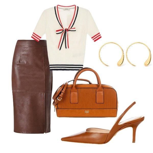 Outfit donna - Domenica mattina. Stile Casual chic per Tutti i giorni. Abbinamento con maglieria, gonne longuette, décolleté, borse a mano, orecchini.