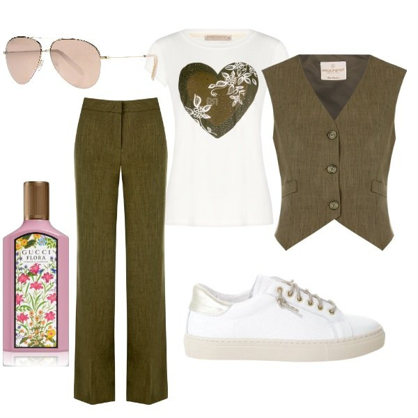 Outfit donna - Domenica mattina. Stile Trendy per Tutti i giorni. Abbinamento con occhiali da sole, profumi, pantaloni a palazzo, t-shirt, gilet, sneakers.
