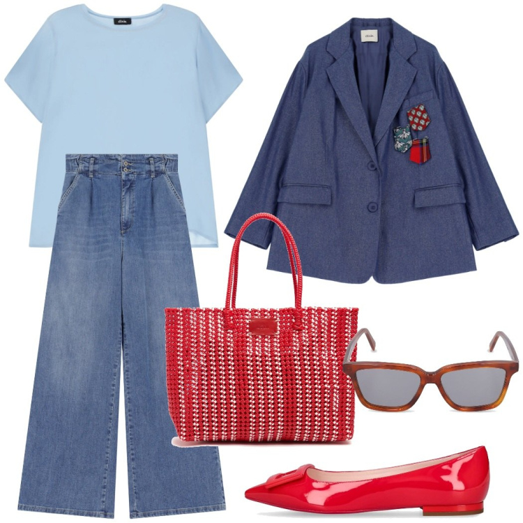 Outfit donna - Denim protagonista. Stile Casual chic per Tutti i giorni. Abbinamento con jeans, t-shirt, blazer, occhiali da sole, ballerine, shopping bag.