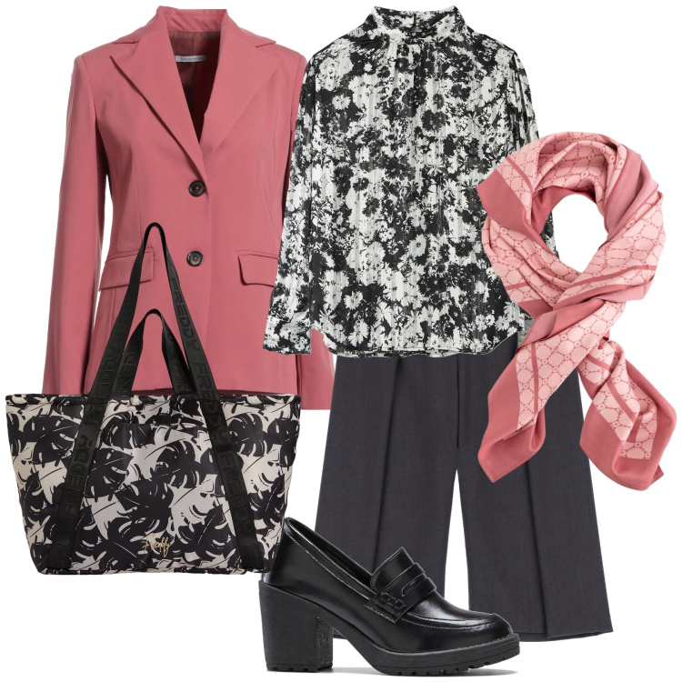 Outfit donna - Total look. Stile Urban per Ufficio. Abbinamento con mocassini, blazer, bluse, shopping bag, pantaloni, foulard.